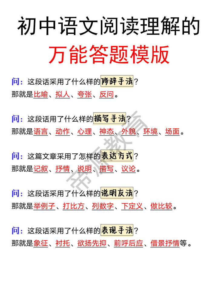 初中语文阅读理解的万能答题模版