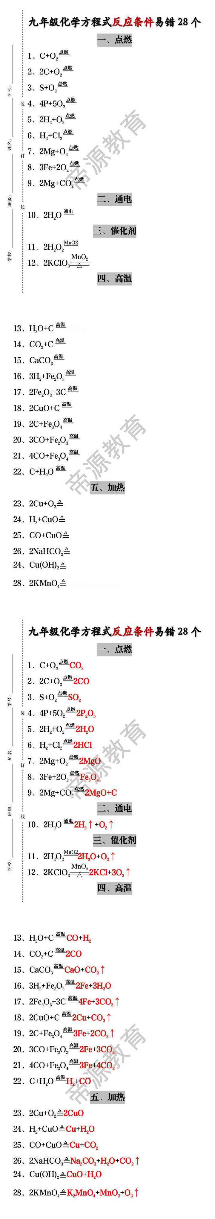 九年级化学方程式反应条件易错28个