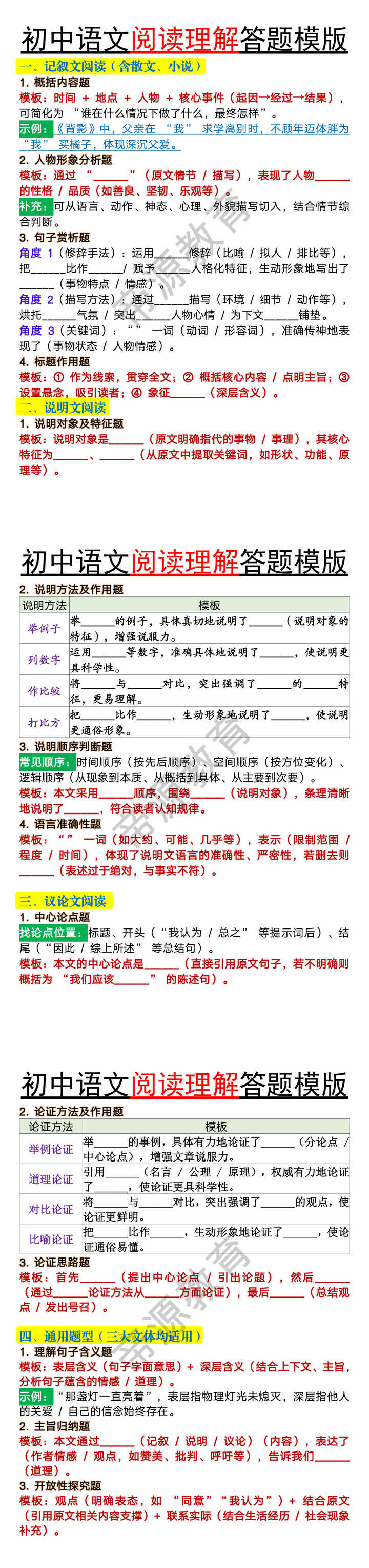 初中语文阅读理解答题模版