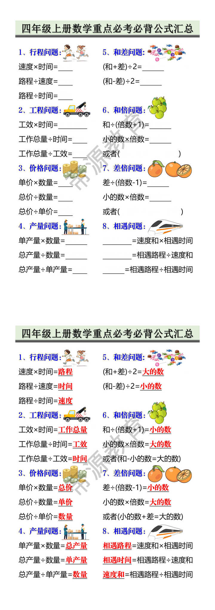四年级上册数学重点必考必背公式汇总