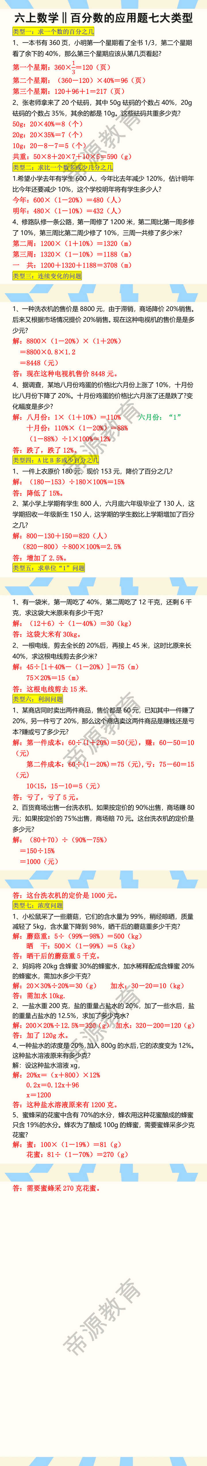 六年级上册数学百分数的应用题七大类型