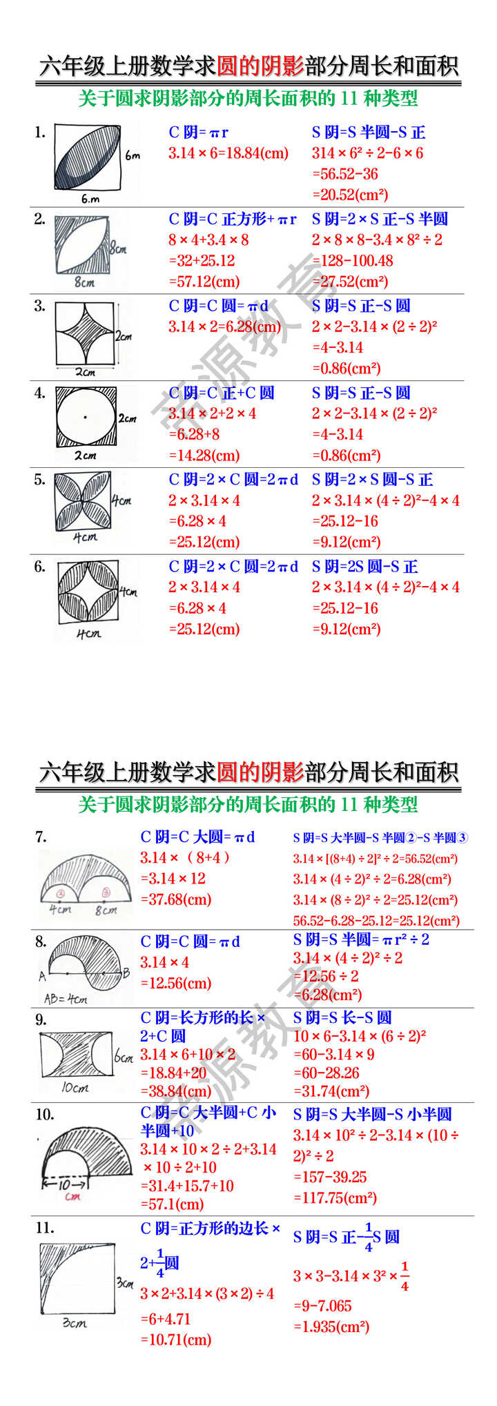 六年级上册数学求圆的阴影部分周长和面积