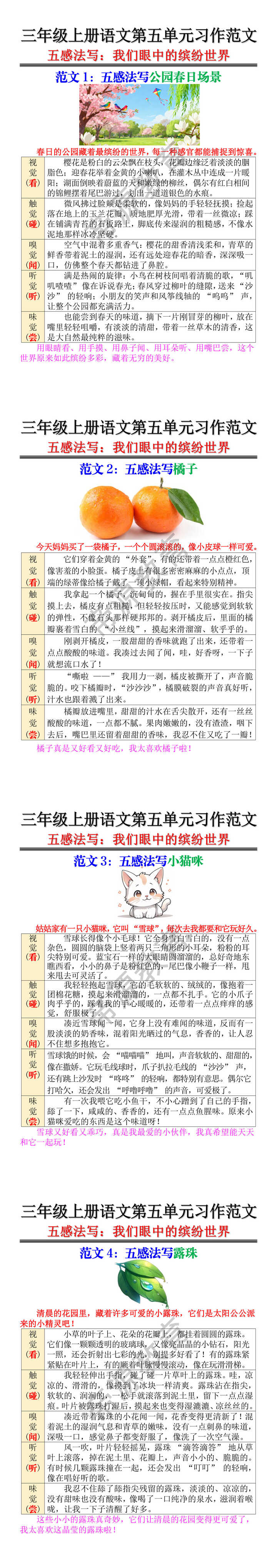 三年级上册语文第五单元习作范文五感法写:我们眼中的缤纷世界 三年级上册语文第五单元习作范文五感法写:我们眼中的缤纷世界