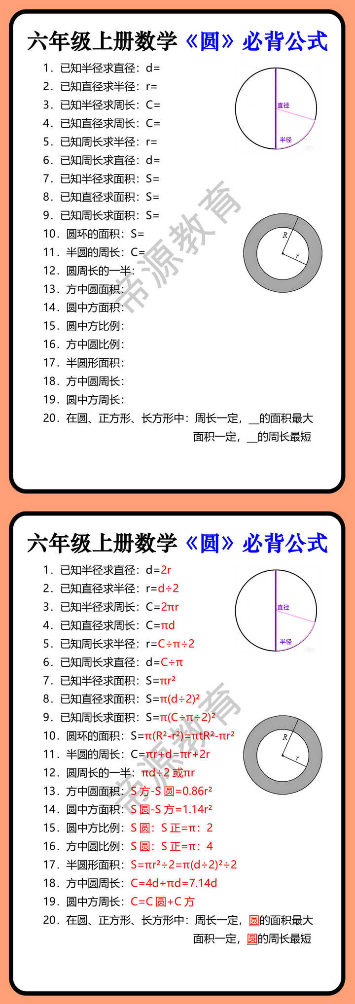 六年级上册数学《圆》必背公式
