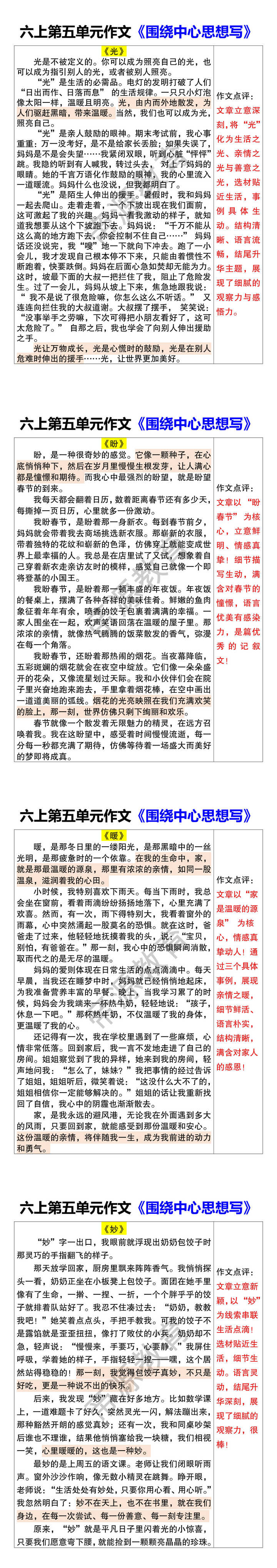 六上第五单元作文《围绕中心思想写》