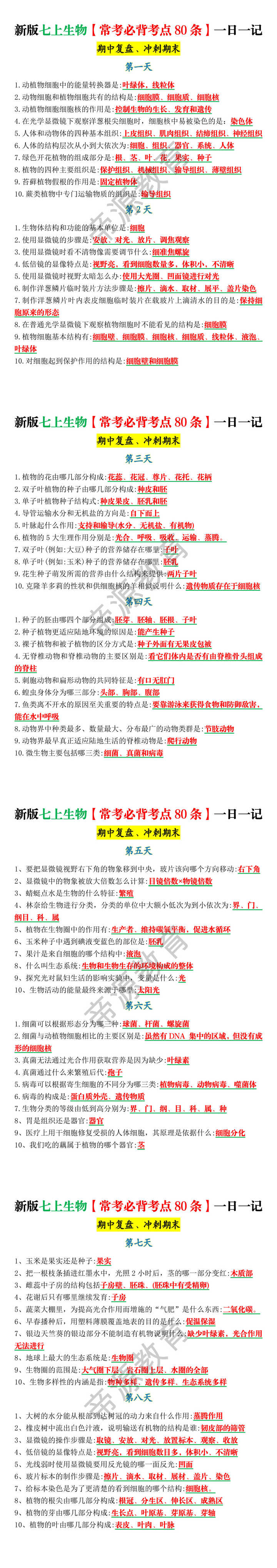 新版七上生物【常考必背考点80条】一日一记
