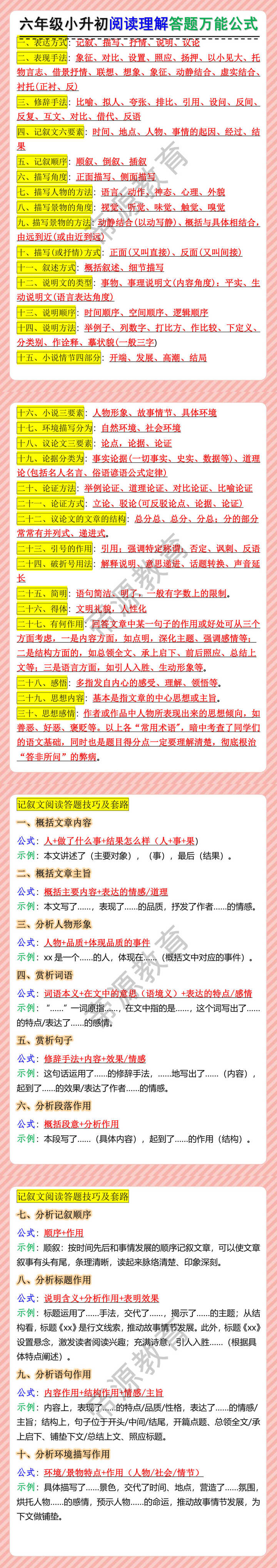 六年级小升初阅读理解答题万能公式