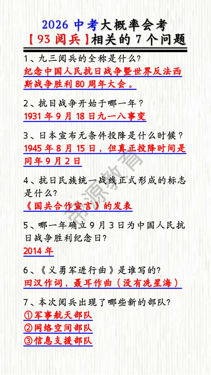 2026中考大概率会考【93阅兵】相关的7个问题