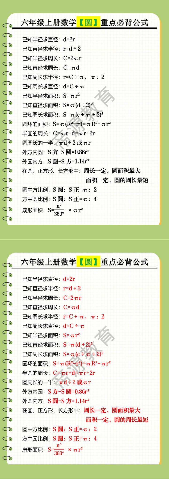 六年级上册数学【圆】重点必背公式
