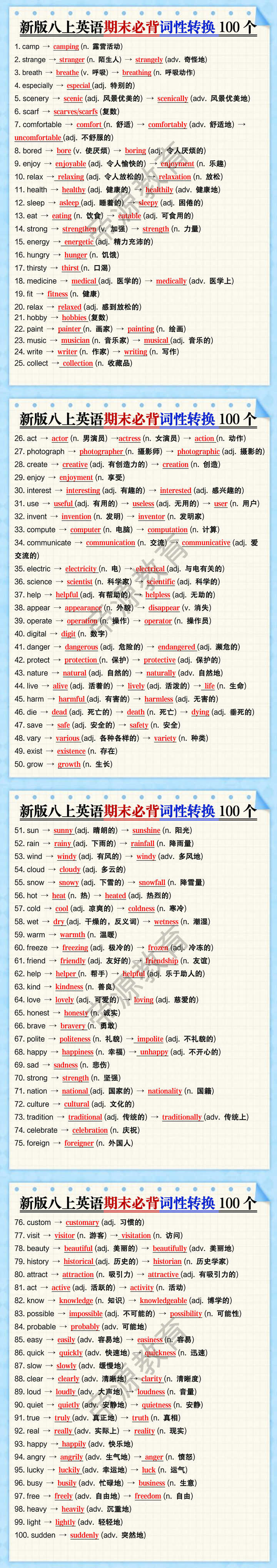 新版八上英语期末必背词性转换100个