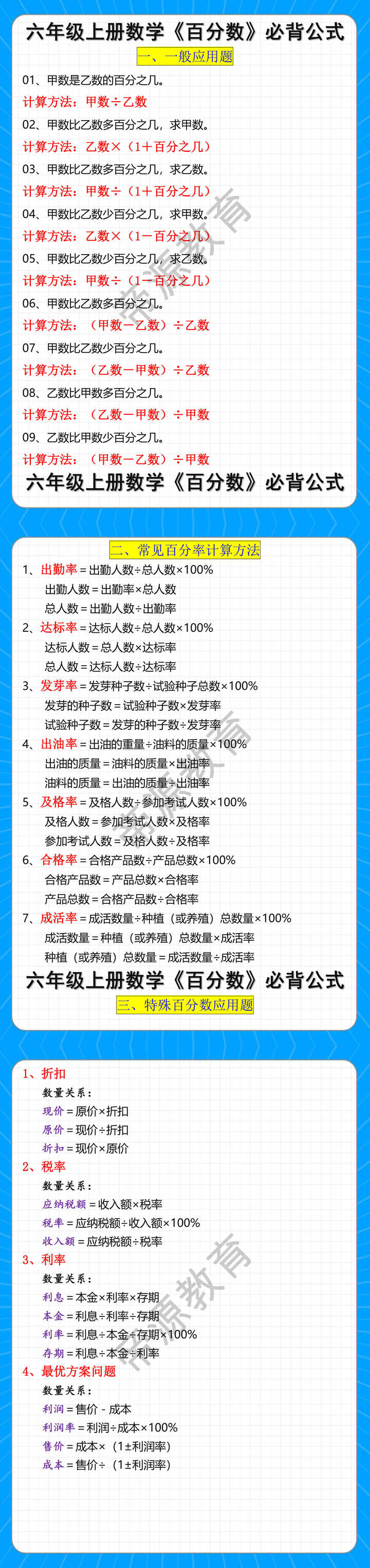 六年级上册数学《百分数》必背公式 六年级上册数学《百分数》必背公式