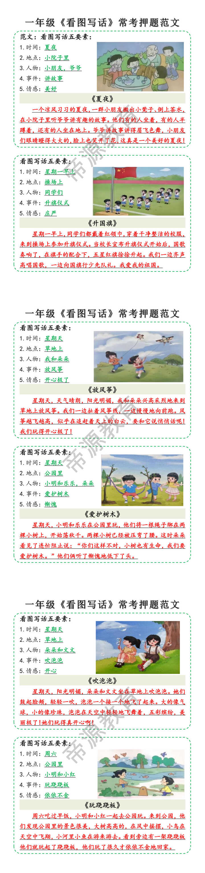 一年级看图写话常考押题范文，每日一练！