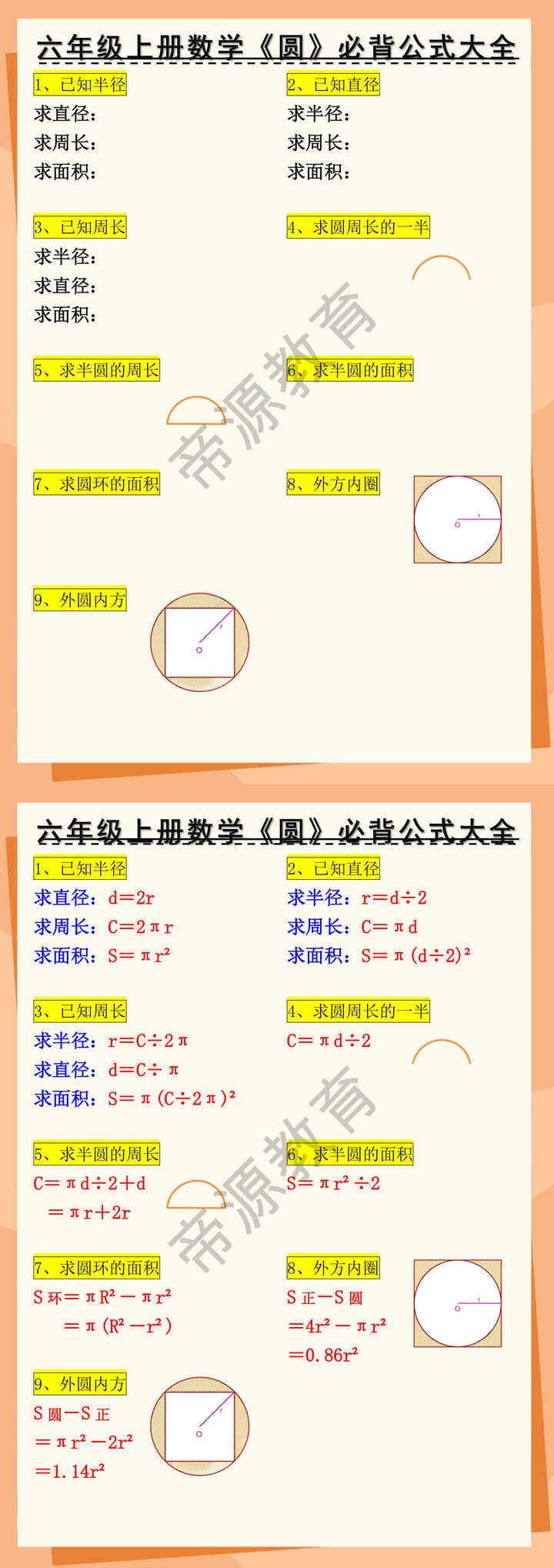 六年级上册数学《圆》必背公式大全