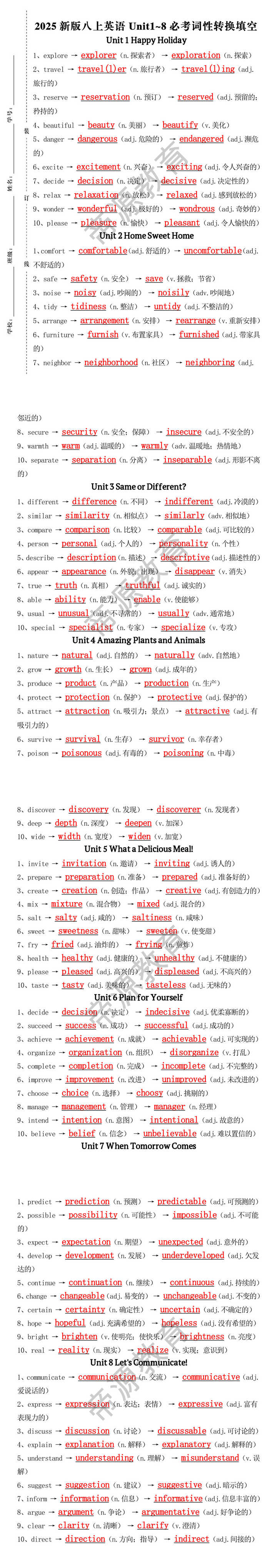 2025新版八上英语Unit1~8必考词性转换填空