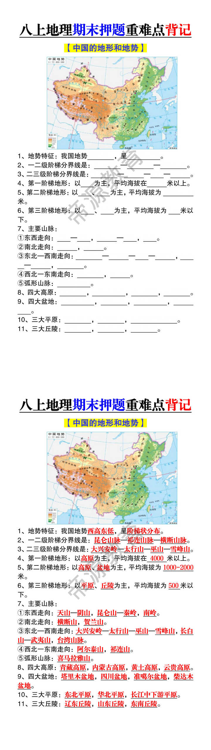 八年级上册地理期末重难点背记【中国的地形和地势】