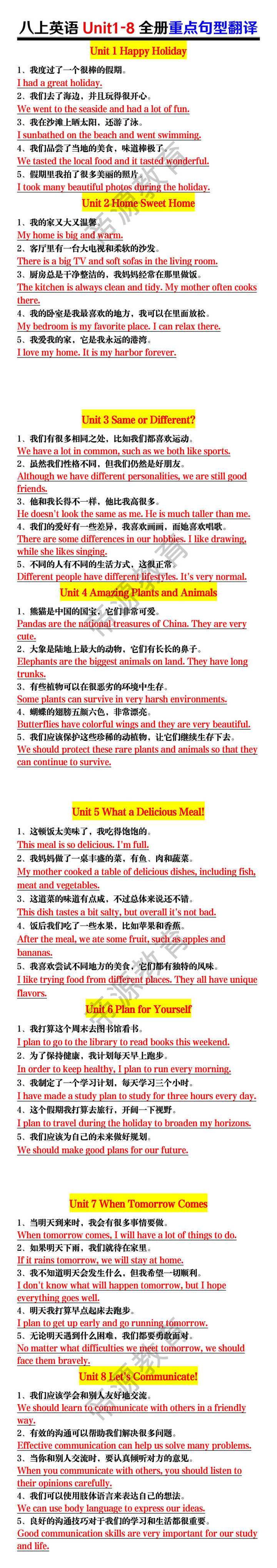 2025新教材 | 八上英语Unit1-8全册重点句型翻译 2025新教材 | 八上英语Unit1-8全册重点句型翻译