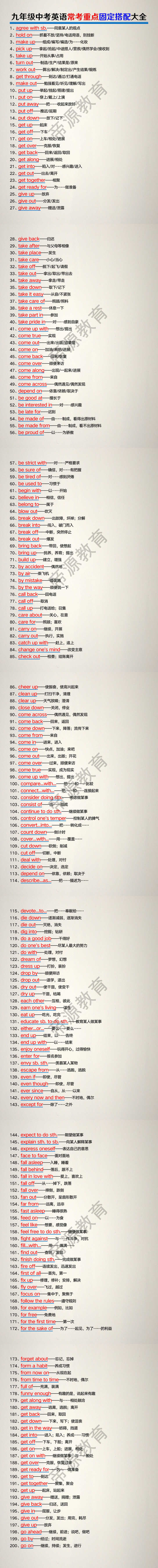 九年级中考英语常考重点固定搭配大全（200组）