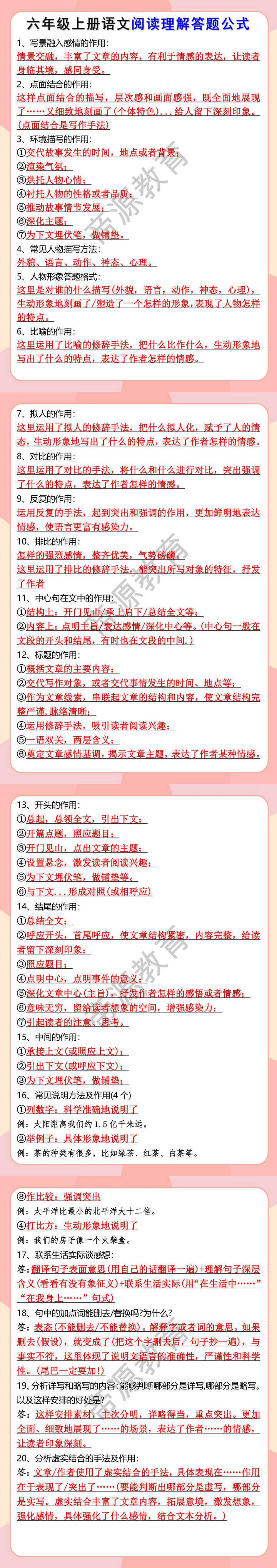 六年级上册语文阅读理解答题公式 六年级上册语文阅读理解答题公式