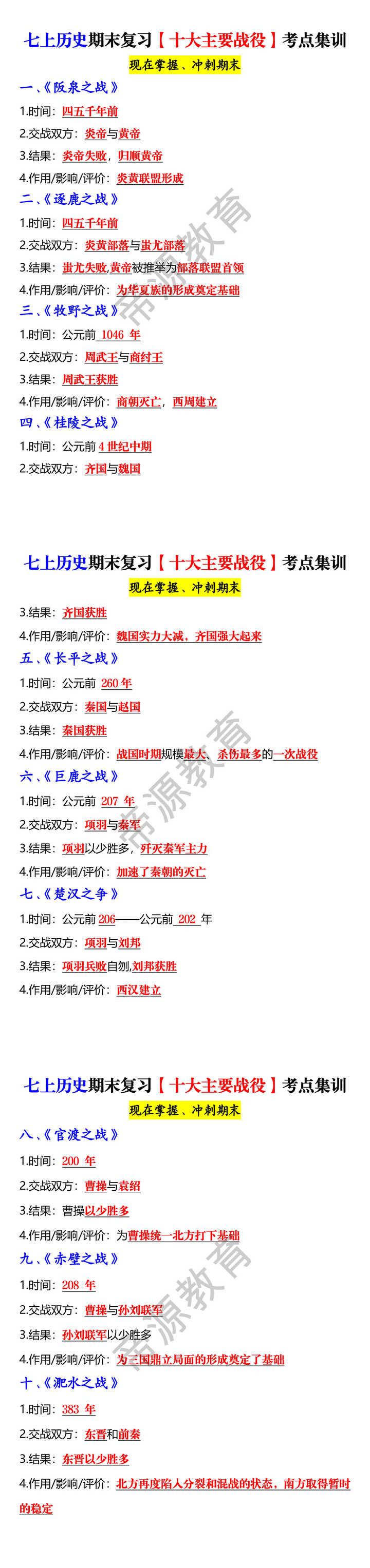 七上历史期末复习【十大主要战役】考点集训 七上历史期末复习【十大主要战役】考点集训
