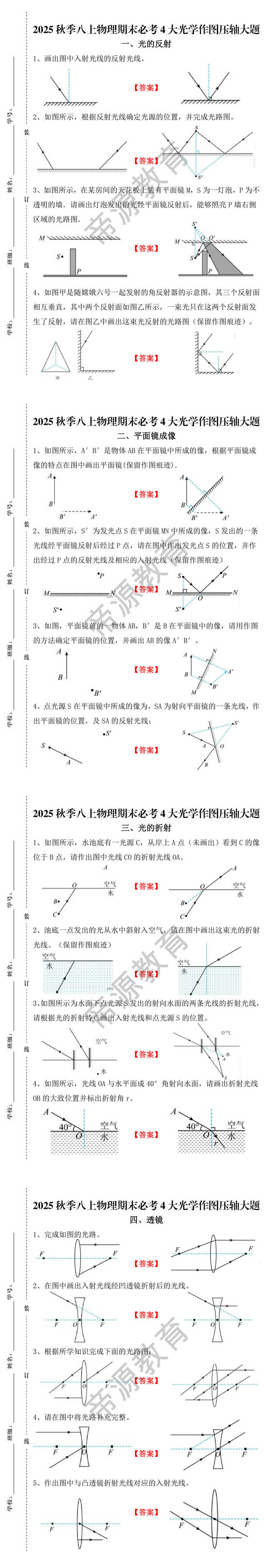 2025秋季八上物理期末必考4大光学作图压轴大题 2025秋季八上物理期末必考4大光学作图压轴大题