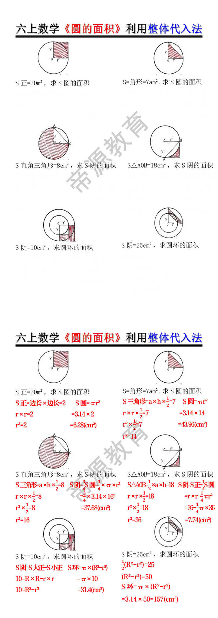 六年级上册数学《圆的面积》利用整体代入法