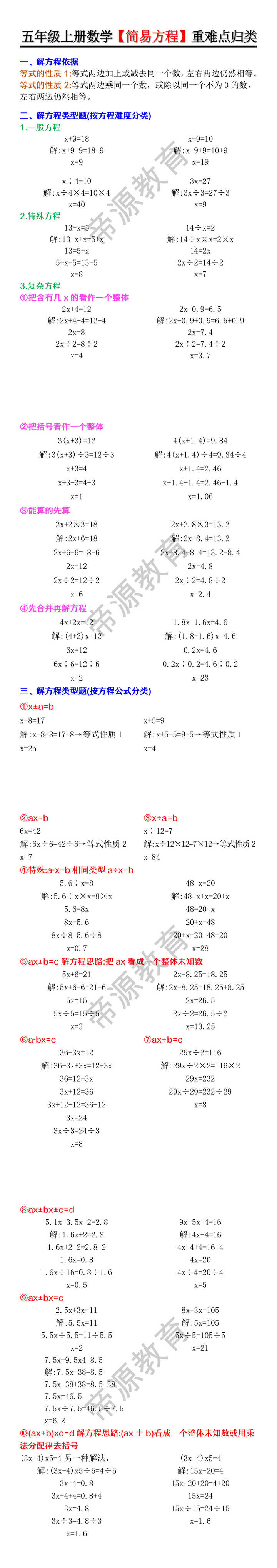 五年级上册数学【简易方程】重难点归类 五年级上册数学【简易方程】重难点归类