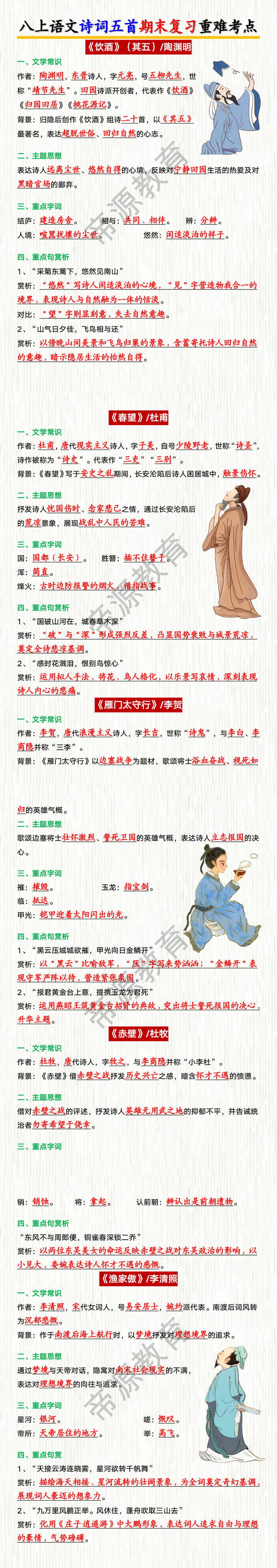 八上语文诗词五首期末复习重难考点