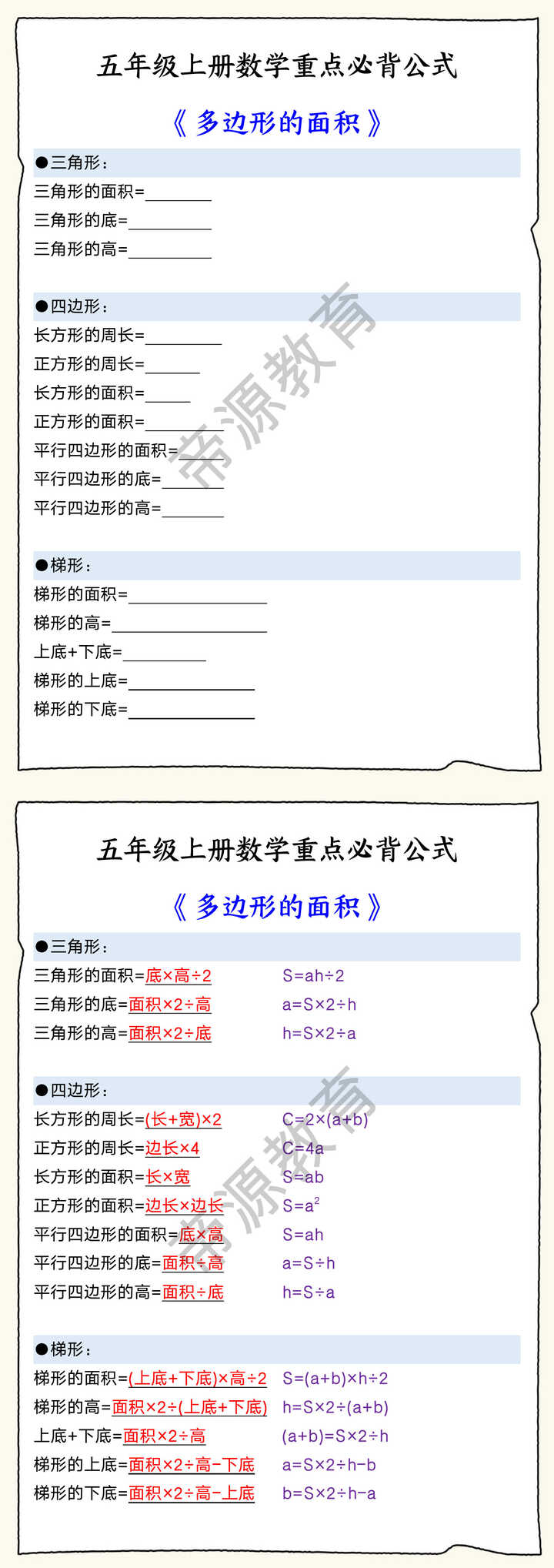 五年级上册数学重点必背公式 《多边形的面积》