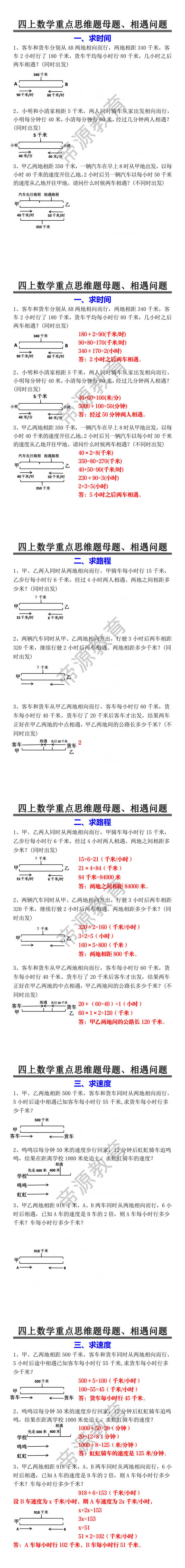 四年级上册数学重点思维题母题、相遇问题 四年级上册数学重点思维题母题、相遇问题