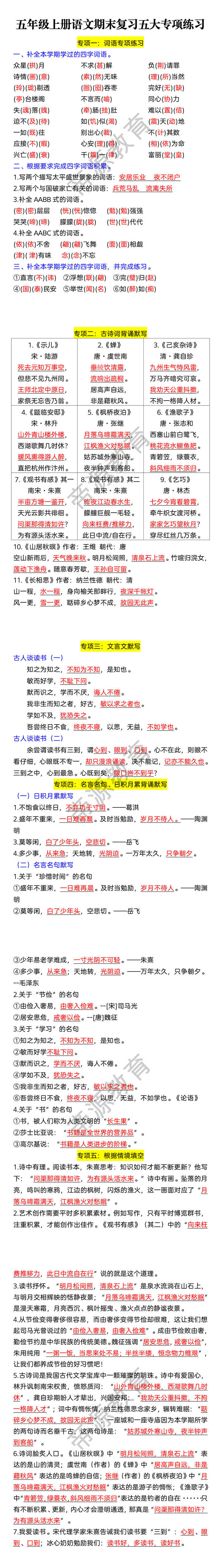 五年级上册语文期末复习五大专项练习