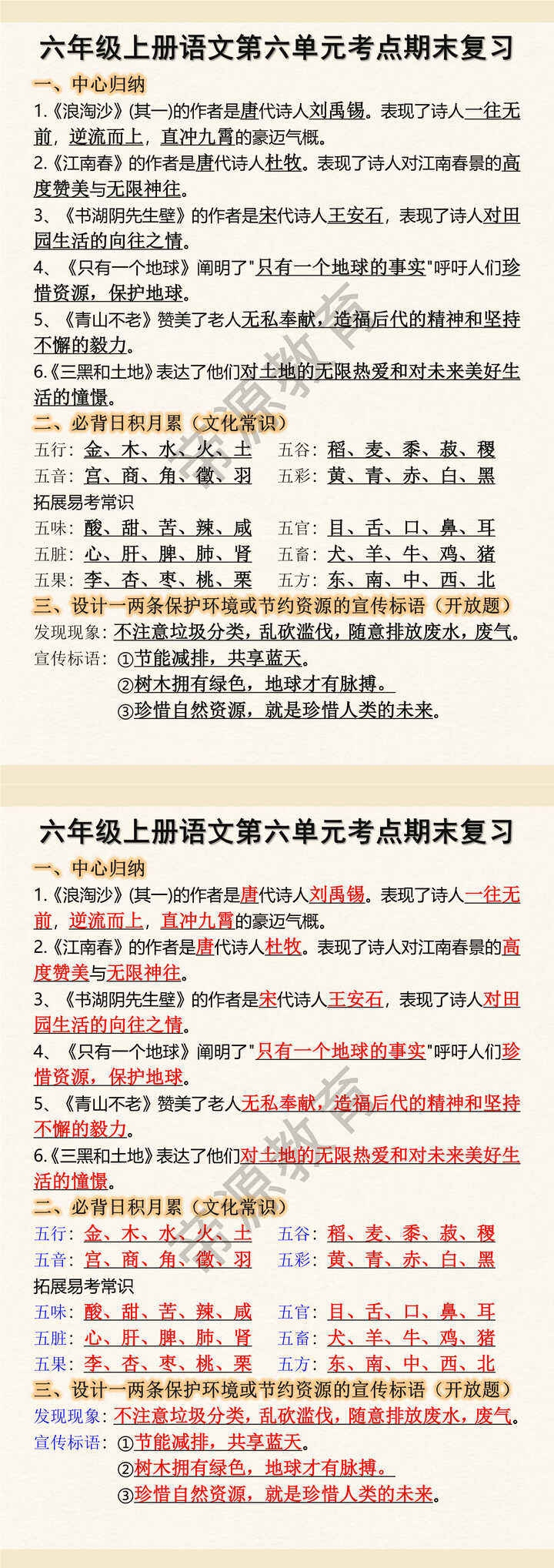 六年级上册语文第六单元考点期末复习