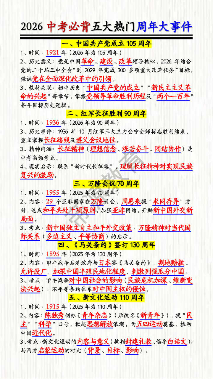 2026中考时政热点必背五大热门周年大事件