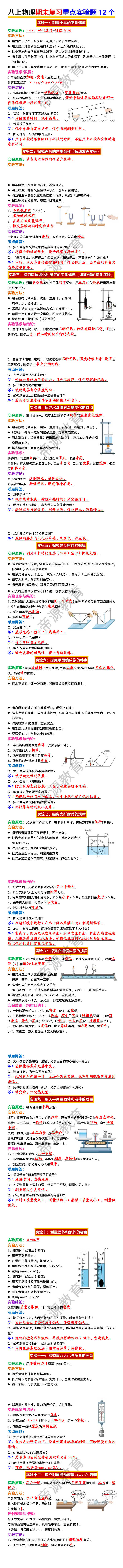 八上物理期末复习重点实验题12个