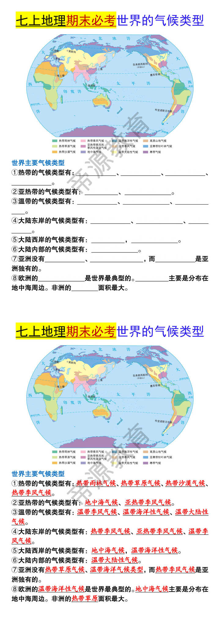 七年级上册地理期末必考世界的气候类型 七年级上册地理期末必考世界的气候类型