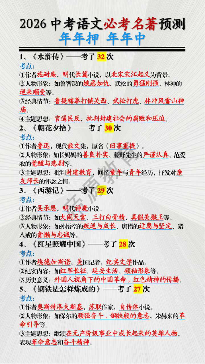 2026中考语文必考名著预测 2026中考语文必考名著预测