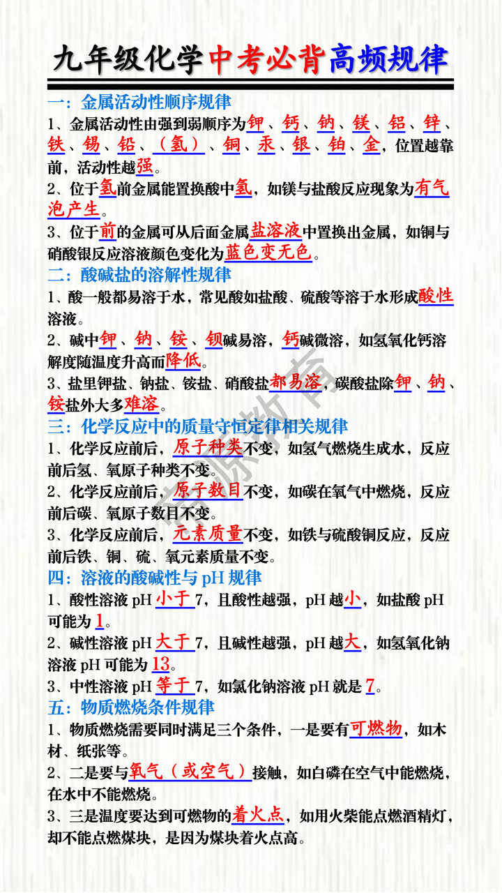 九年级化学中考必背高频规律 九年级化学中考必背高频规律