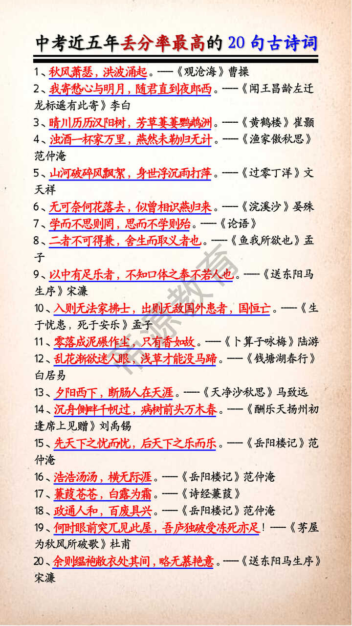 中考近五年丢分率最高的20句古诗词 中考近五年丢分率最高的20句古诗词