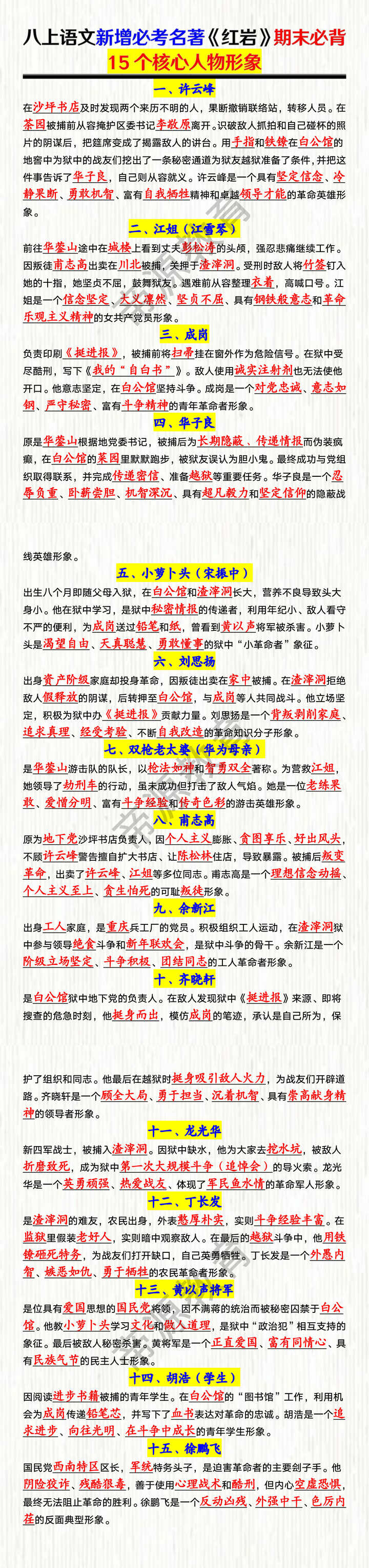 八上语文新增必考名著《红岩》期末必背15个核心人物形象 八上语文新增必考名著《红岩》期末必背15个核心人物形象