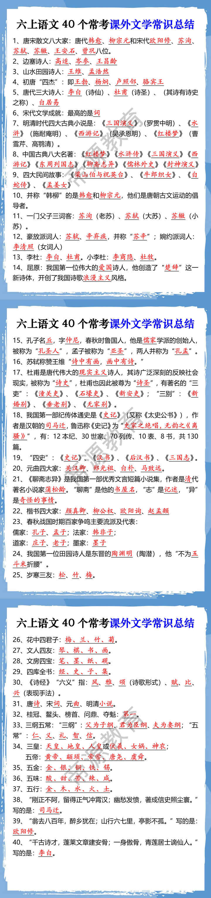 六上语文40个常考课外文学常识总结