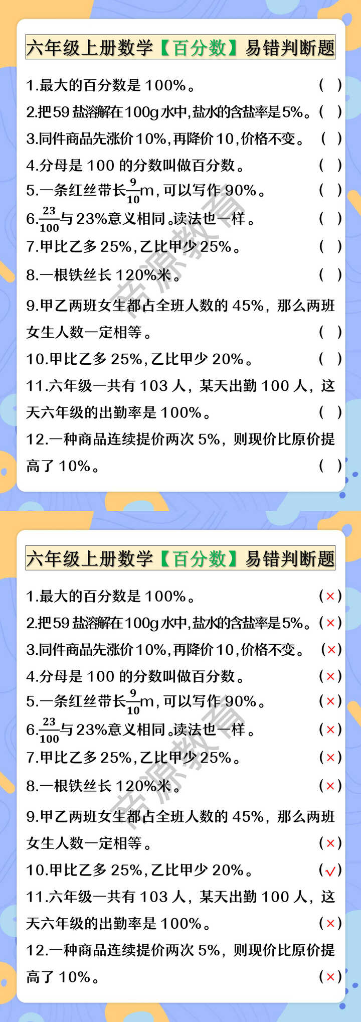 六年级上册数学【百分数】易错判断题 六年级上册数学【百分数】易错判断题