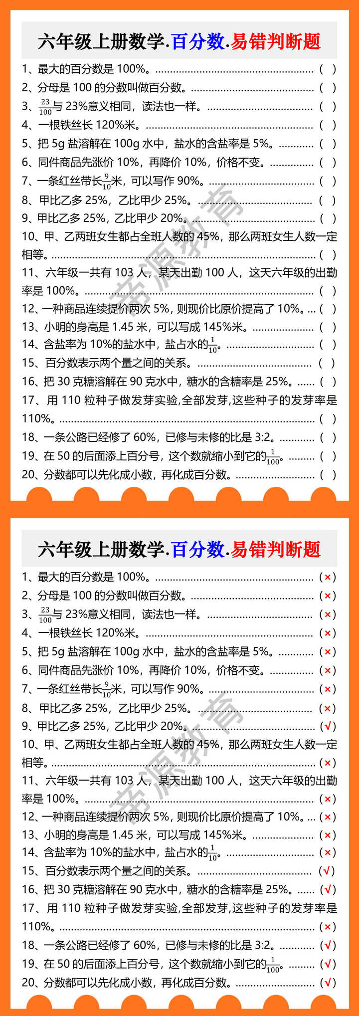 六年级上册数学.百分数.易错判断题 六年级上册数学.百分数.易错判断题