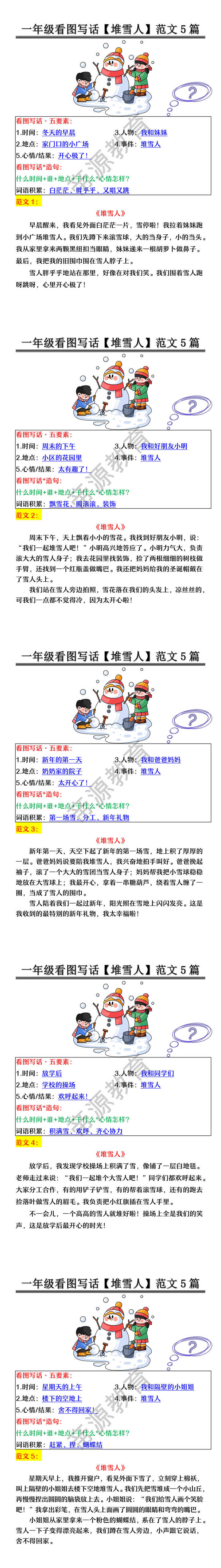 一年级看图写话【堆雪人】范文5篇 一年级看图写话【堆雪人】范文5篇