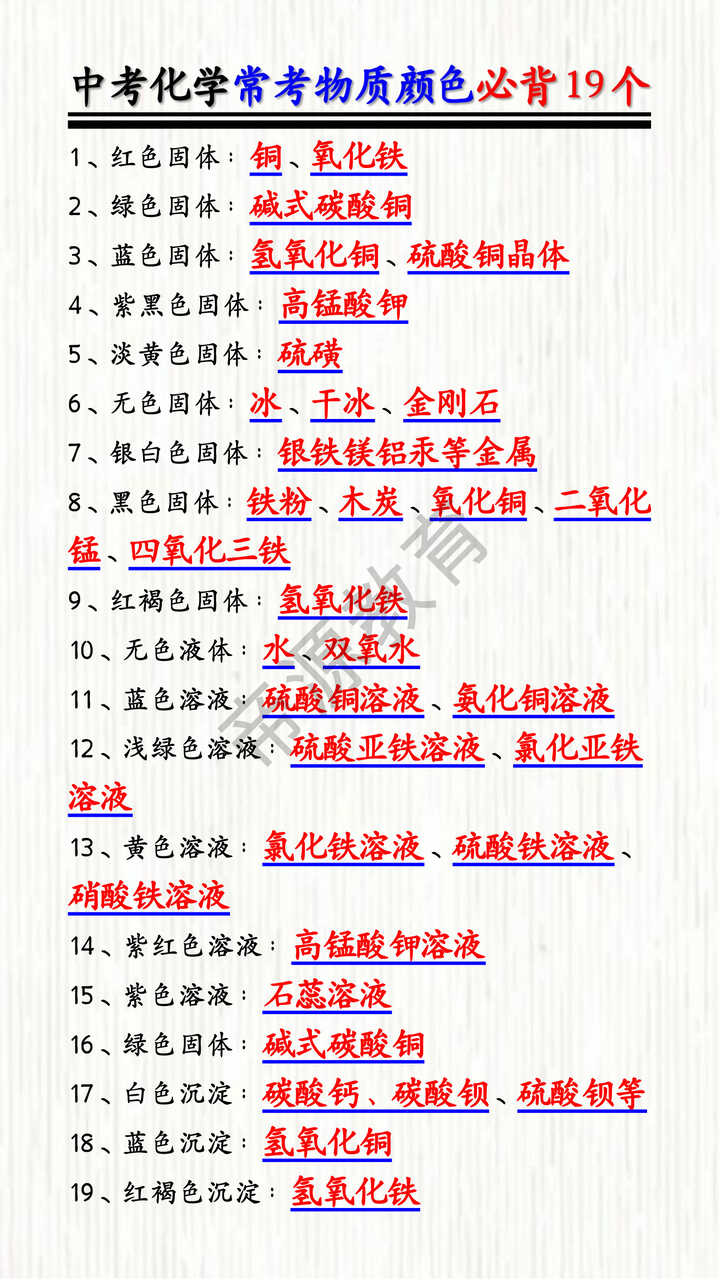 中考化学常考物质颜色必背19个