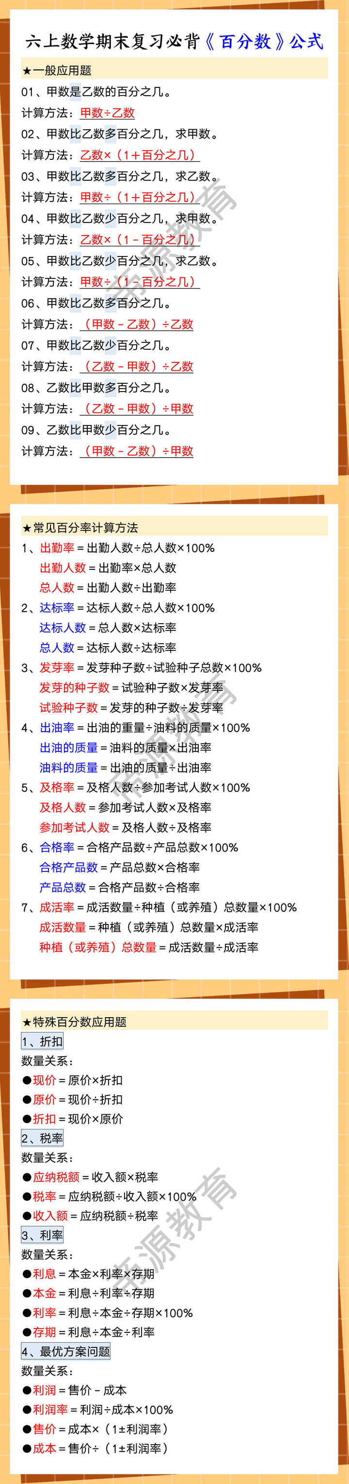 六上数学期末复习必背《百分数》公式 六上数学期末复习必背《百分数》公式