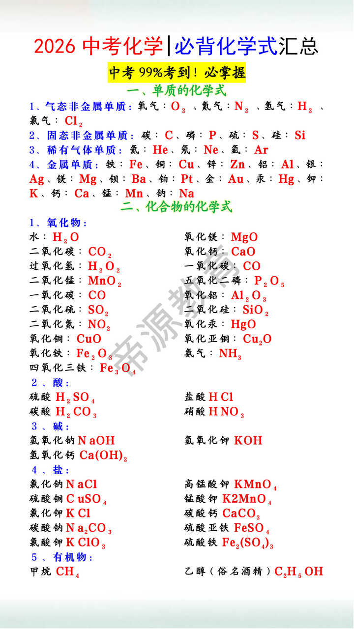 2026中考化学必背化学式汇总