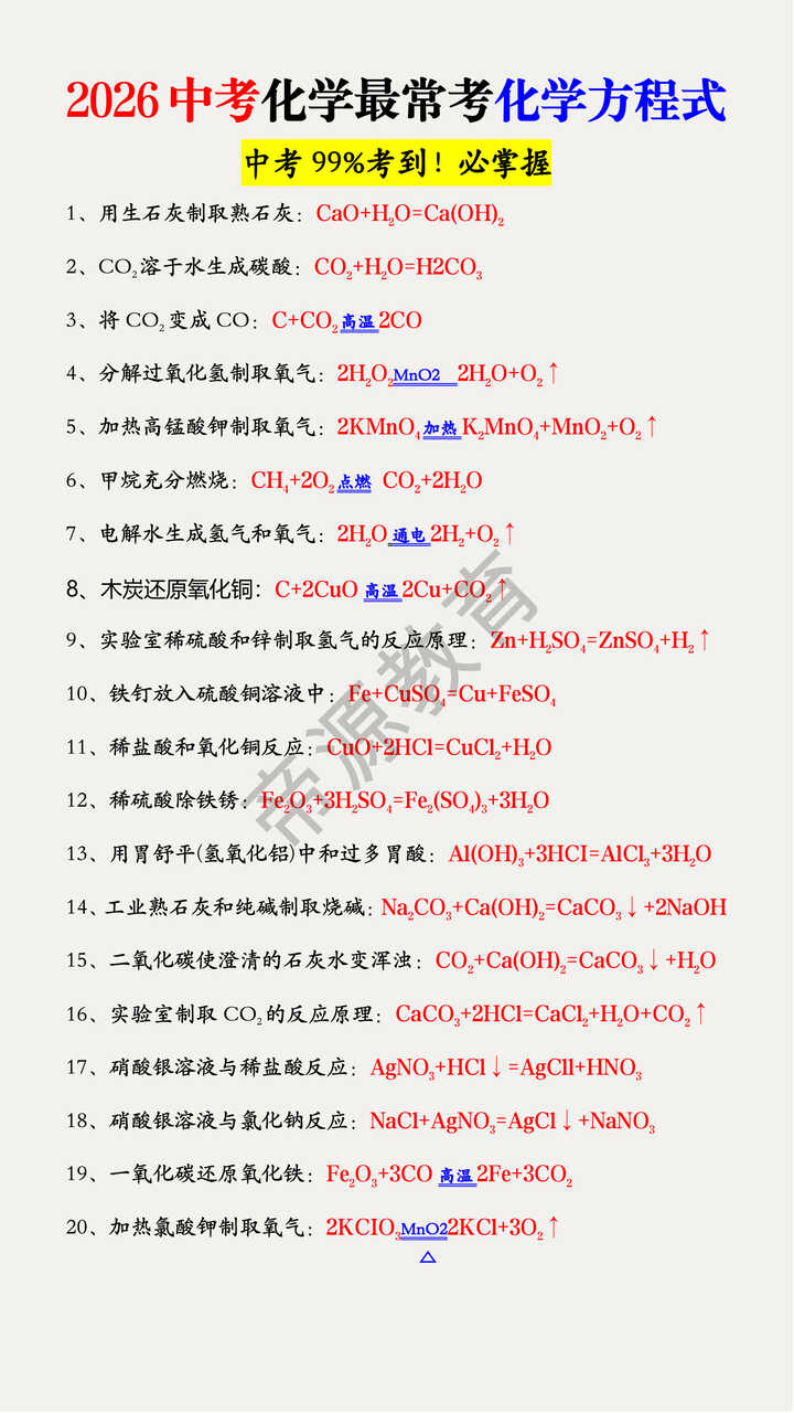 2026中考化学最常考化学方程式 2026中考化学最常考化学方程式