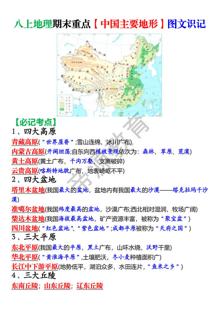八上地理期末重点【中国主要地形】图文识记 八上地理期末重点【中国主要地形】图文识记