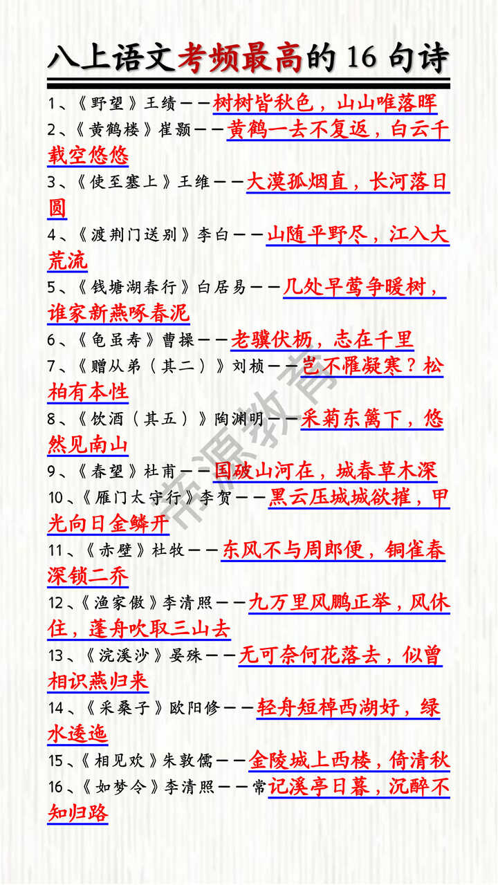 八上语文期末必背考频最高的16句诗
