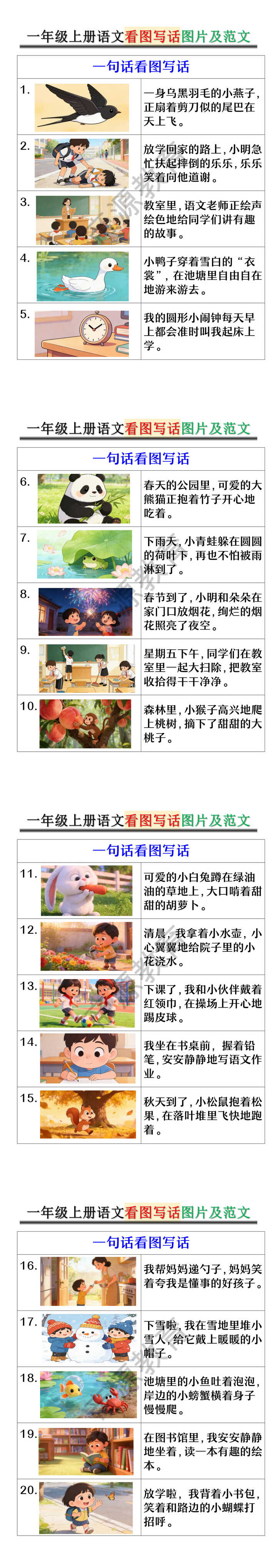 一年级上册语文看图写话图片及范文