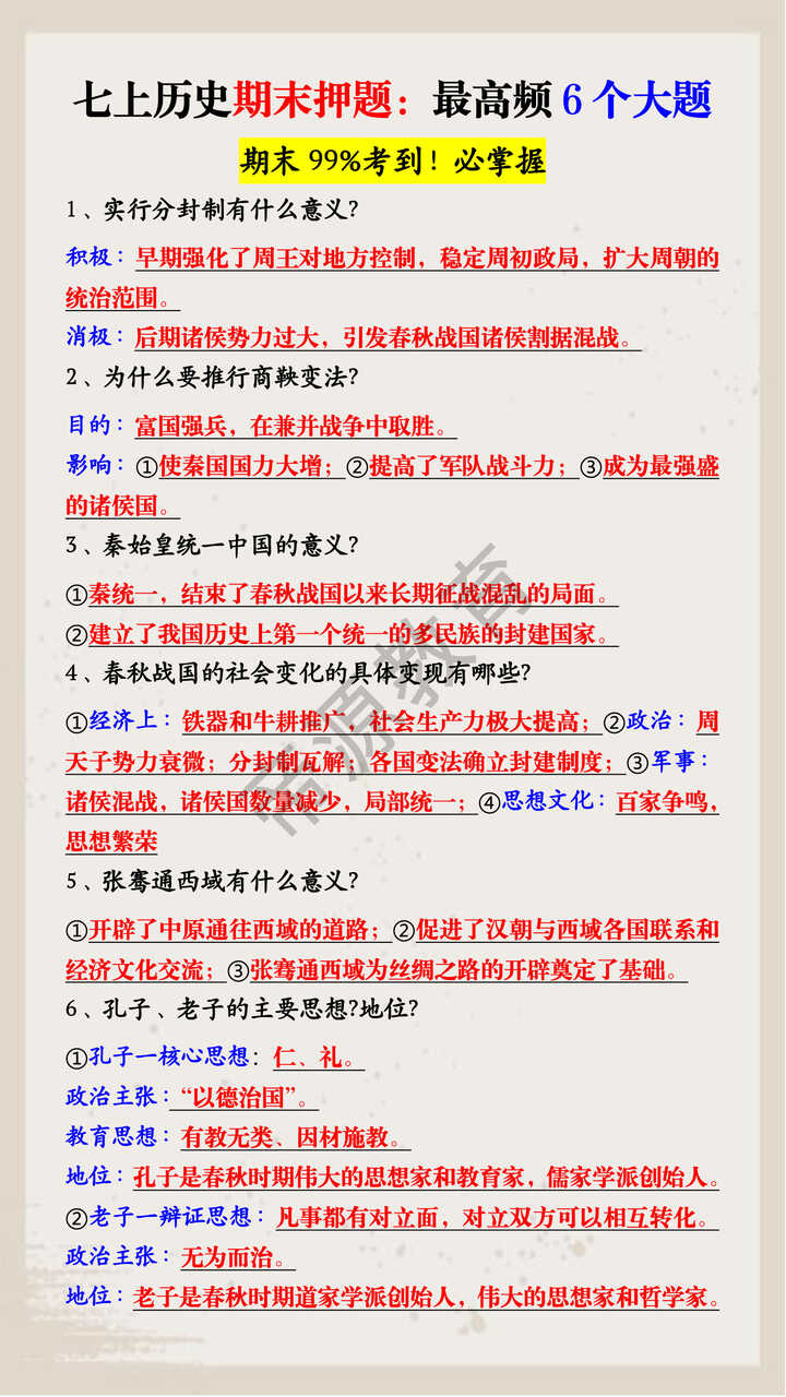七上历史期末押题:最高频6个大题 七上历史期末押题:最高频6个大题